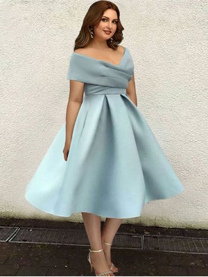 A-Line Plus Size Elegant Wedding Guest Cocktail Party Dress V Neck Short Sleeve Tea Length Satin with Sleek Pleats Pure Color 2022 #8960851