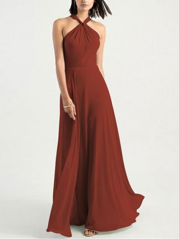 A-Line Bridesmaid Dress Halter Neck Sleeveless Elegant Floor Length Chiffon with Pleats 2022 #8996090