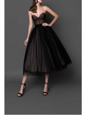 Ball Gown Little Black Dress Elegant Homecoming Cocktail Party Dress Strapless Sleeveless Tea Length Tulle with Polka Dot 2022 #8955542