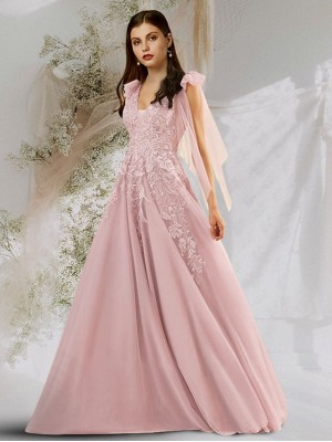 A-Line Beautiful Back Cute Engagement Prom Dress V Neck Backless Sleeveless Floor Length Tulle with Bow(s) Appliques 2022 #8996093