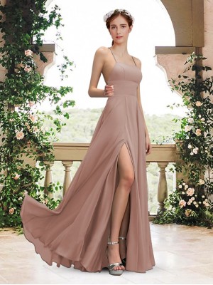 A-Line Bridesmaid Dress Square Neck / Spaghetti Strap Sleeveless Elegant Floor Length Chiffon with Pleats / Split Front 2022 #8723431