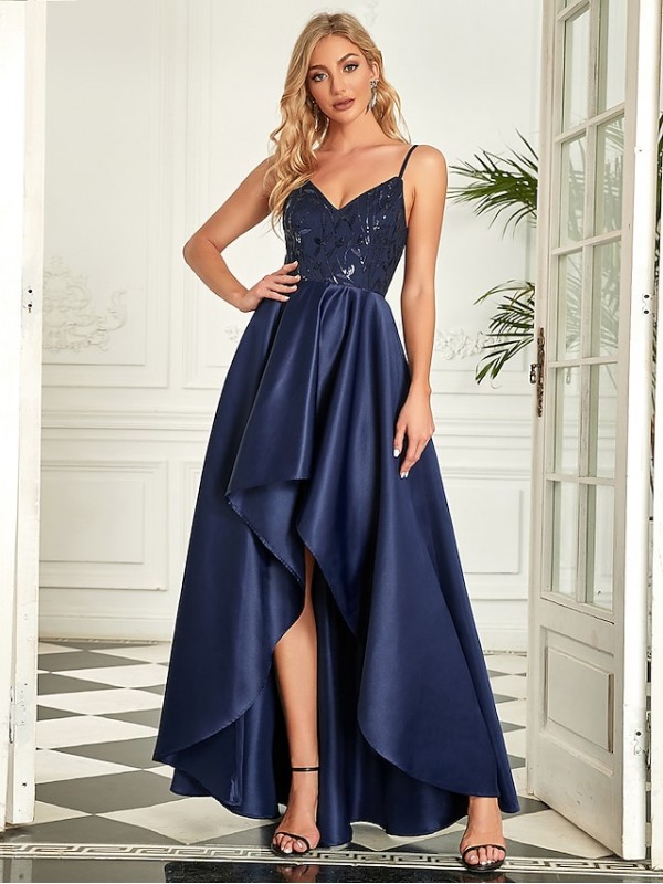 A-Line Sexy Formal Evening Dress V Neck Sleeveless Asymmetrical Satin with Sequin Pure Color 2022 #8923976