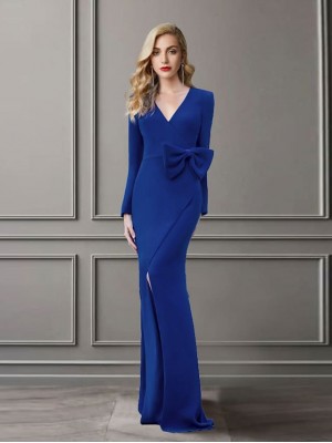 Sheath / Column Mother of the Bride Dress Elegant V Neck Sweep / Brush Train Stretch Fabric Long Sleeve with Bow(s) Split Front 2022 #8955862