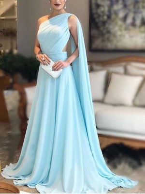 A-Line Maxi Empire Wedding Guest Formal Evening Dress One Shoulder Backless Sleeveless Court Train Chiffon with Ruched Pure Color 2022 #8960876