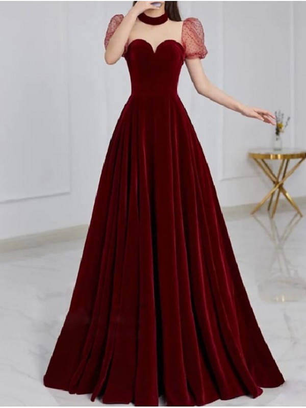 A-Line Bridesmaid Dress High Neck Short Sleeve Elegant Floor Length Velvet with Pleats 2022 #8978413