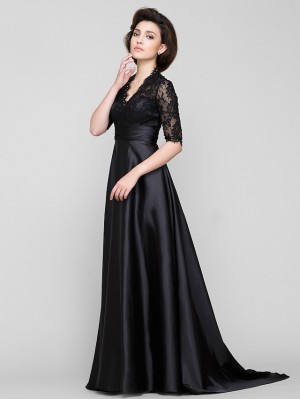 A-Line Mother of the Bride Dress See Through V Neck Sweep / Brush Train Lace Charmeuse Half Sleeve with Lace 2022 #1301039