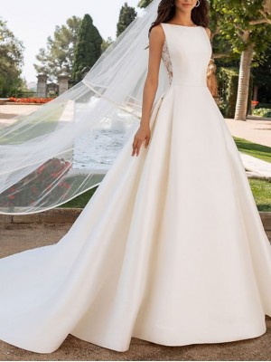 A-Line Wedding Dresses Bateau Neck Court Train Satin Regular Straps Romantic Plus Size Elegant with Bow(s) Buttons Lace Insert 2022 #7887399