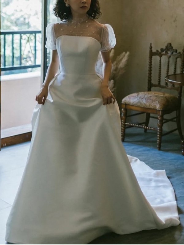 A-Line Wedding Dresses High Neck Court Train Satin Tulle Short Sleeve Formal Romantic with Beading 2022 #8984575