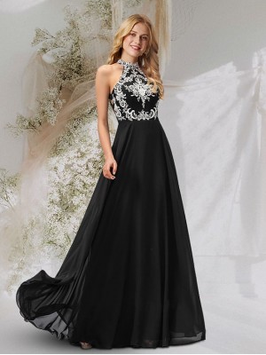 A-Line Backless Sexy Prom Birthday Dress Halter Neck Crisscross Back Sleeveless Floor Length Chiffon with Pleats Lace Insert Appliques 2022 #8995859