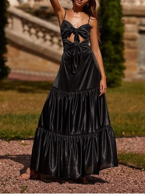 A-Line Cut Out Sexy Prom Formal Evening Dress Spaghetti Strap Sleeveless Floor Length Charmeuse with Bow(s) Pleats 2022 #8968832