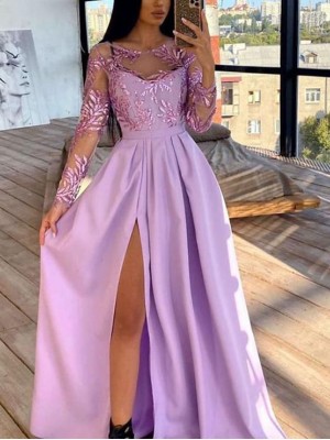 A-Line Elegant Princess Wedding Guest Prom Dress Jewel Neck Long Sleeve Floor Length Satin with Slit Appliques 2022 #8973820