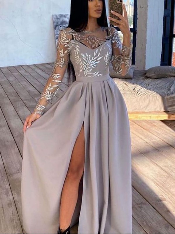 A-Line Elegant Princess Wedding Guest Prom Dress Jewel Neck Long Sleeve Floor Length Satin with Slit Appliques 2022 #8973820