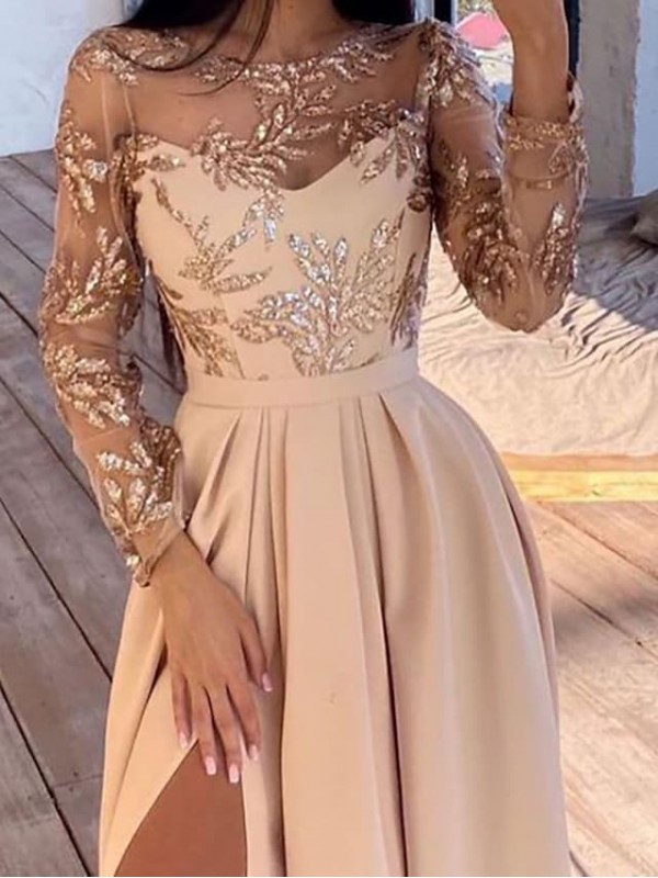 A-Line Elegant Princess Wedding Guest Prom Dress Jewel Neck Long Sleeve Floor Length Satin with Slit Appliques 2022 #8973820