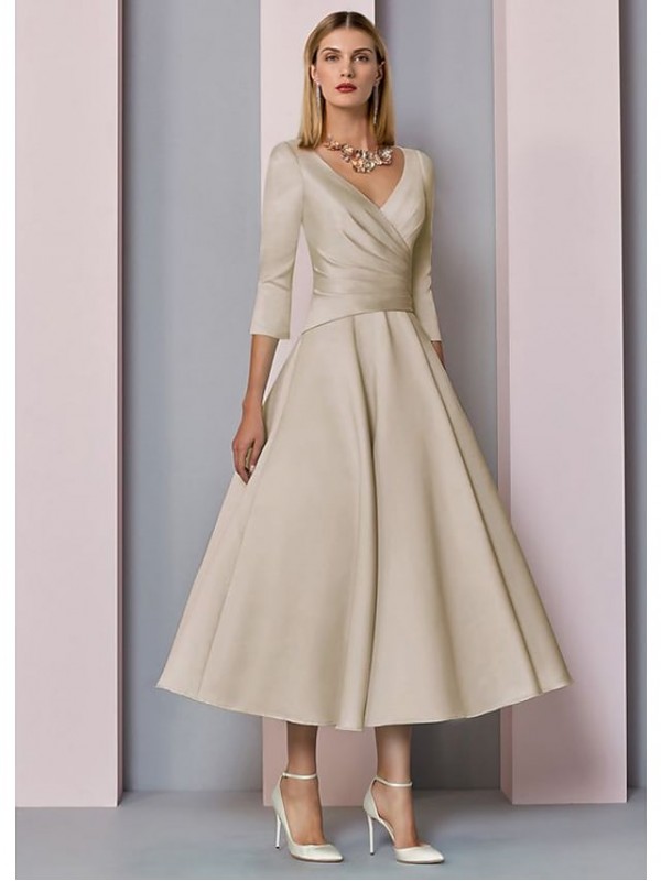 A-Line Mother of the Bride Dress Plus Size Elegant Vintage V Neck Tea Length Satin 3/4 Length Sleeve with Pleats 2022 #7544785