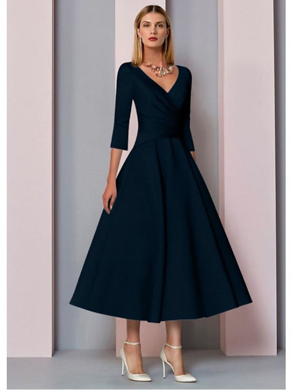 A-Line Mother of the Bride Dress Plus Size Elegant Vintage V Neck Tea Length Satin 3/4 Length Sleeve with Pleats 2022 #7544785