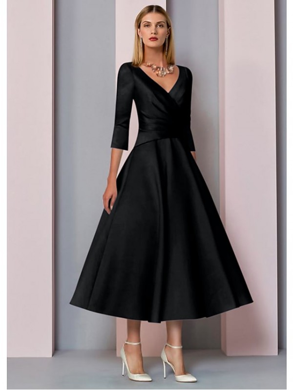 A-Line Mother of the Bride Dress Plus Size Elegant Vintage V Neck Tea Length Satin 3/4 Length Sleeve with Pleats 2022 #7544785