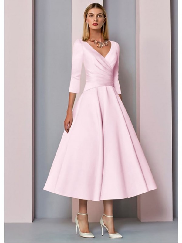 A-Line Mother of the Bride Dress Plus Size Elegant Vintage V Neck Tea Length Satin 3/4 Length Sleeve with Pleats 2022 #7544785