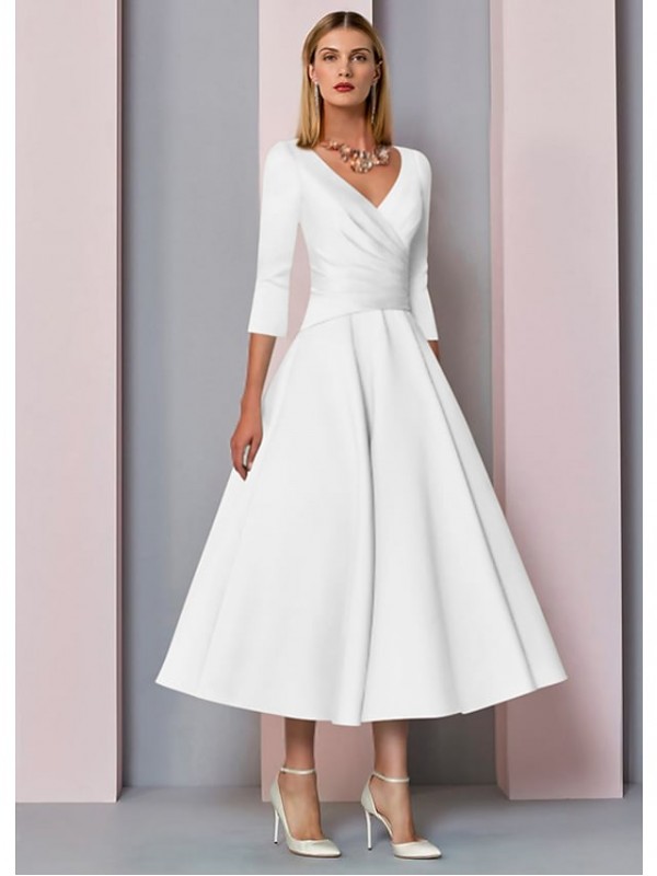 A-Line Mother of the Bride Dress Plus Size Elegant Vintage V Neck Tea Length Satin 3/4 Length Sleeve with Pleats 2022 #7544785