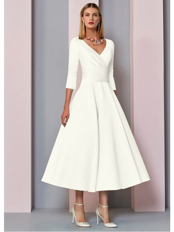 A-Line Mother of the Bride Dress Plus Size Elegant Vintage V Neck Tea Length Satin 3/4 Length Sleeve with Pleats 2022 #7544785