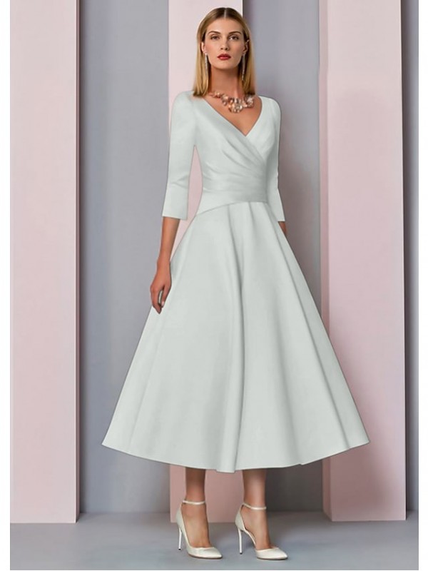 A-Line Mother of the Bride Dress Plus Size Elegant Vintage V Neck Tea Length Satin 3/4 Length Sleeve with Pleats 2022 #7544785