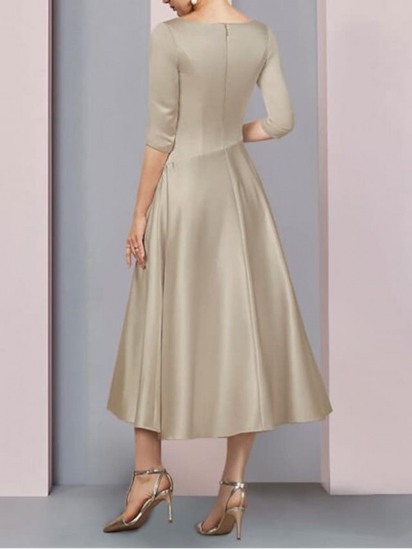 A-Line Mother of the Bride Dress Plus Size Elegant Vintage V Neck Tea Length Satin 3/4 Length Sleeve with Pleats 2022 #7544785