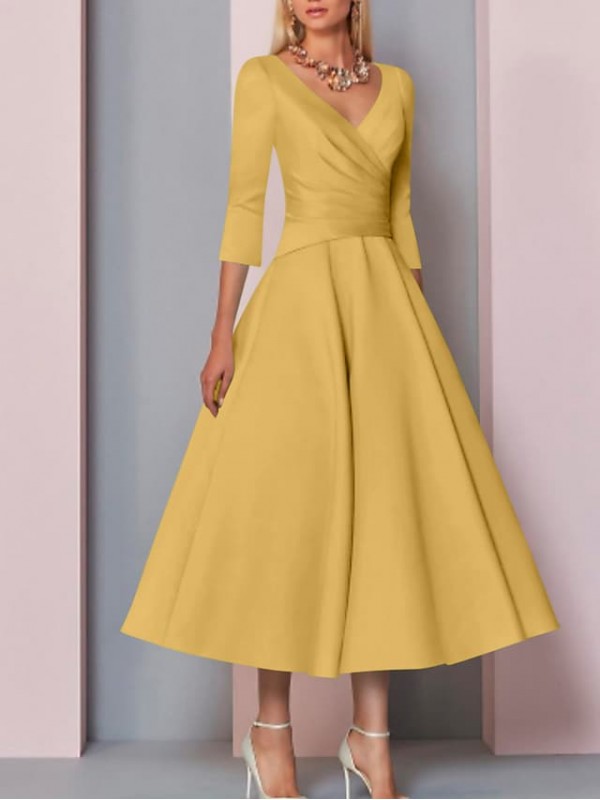 A-Line Mother of the Bride Dress Plus Size Elegant Vintage V Neck Tea Length Satin 3/4 Length Sleeve with Pleats 2022 #7544785