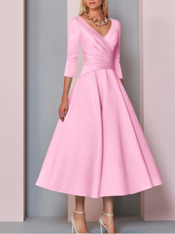 A-Line Mother of the Bride Dress Plus Size Elegant Vintage V Neck Tea Length Satin 3/4 Length Sleeve with Pleats 2022 #7544785