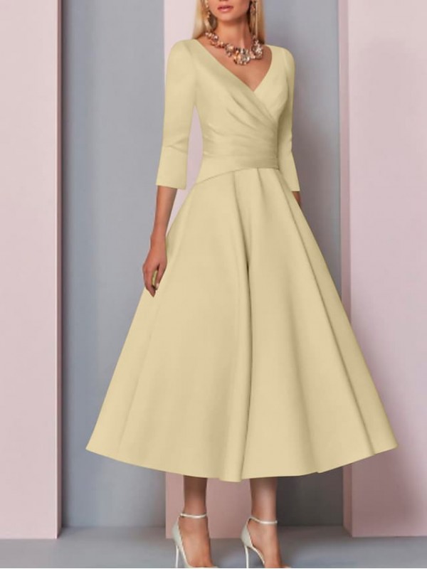 A-Line Mother of the Bride Dress Plus Size Elegant Vintage V Neck Tea Length Satin 3/4 Length Sleeve with Pleats 2022 #7544785