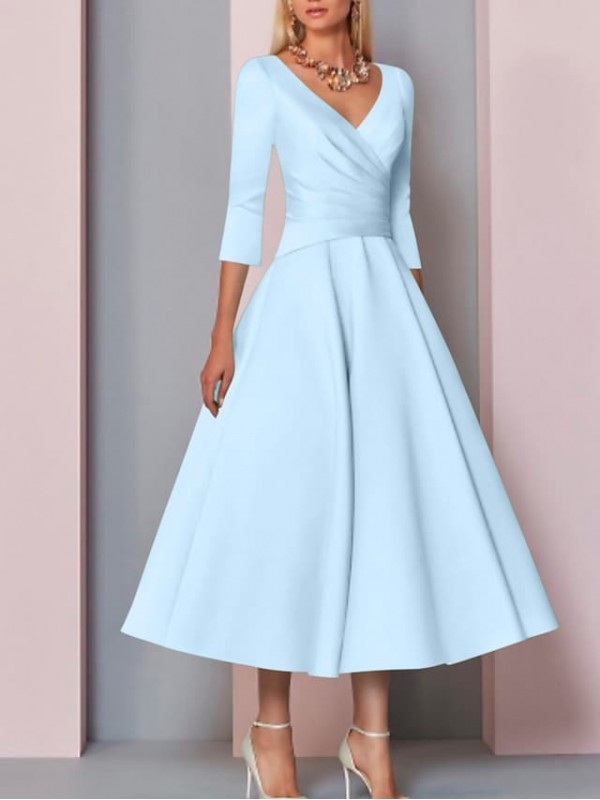 A-Line Mother of the Bride Dress Plus Size Elegant Vintage V Neck Tea Length Satin 3/4 Length Sleeve with Pleats 2022 #7544785