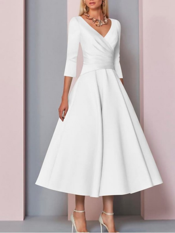 A-Line Mother of the Bride Dress Plus Size Elegant Vintage V Neck Tea Length Satin 3/4 Length Sleeve with Pleats 2022 #7544785