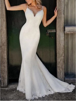 Mermaid / Trumpet Wedding Dresses V Neck Sweep / Brush Train Lace Satin Spaghetti Strap Plus Size with 2022 #7886939