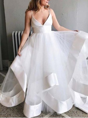 A-Line Princess Fairy Prom Formal Evening Dress V Neck Sleeveless Court Train Tulle with Sleek Pure Color 2022 #8972113