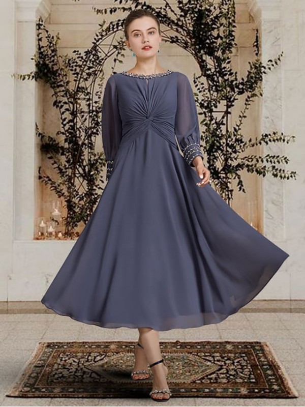 A-Line Mother of the Bride Dress Elegant Jewel Neck Tea Length Chiffon Long Sleeve with Beading 2022 #8971738