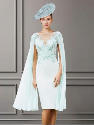 Sheath / Column Mother of the Bride Dress Elegant Jewel Neck Knee Length Chiffon Short Sleeve with Beading Appliques 2022 #8966004