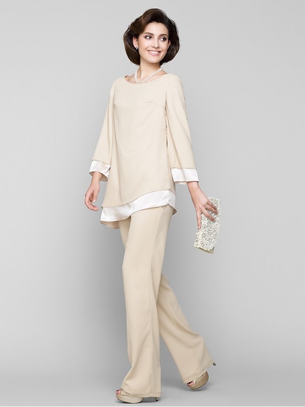 Jumpsuits Sheath / Column Mother of the Bride Dress Jumpsuits Scoop Neck Ankle Length Chiffon Long Sleeve with 2022 #4593636