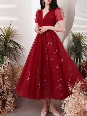 A-Line Bridesmaid Dress V Neck Short Sleeve Elegant Ankle Length Tulle with Sequin 2022 #8888954