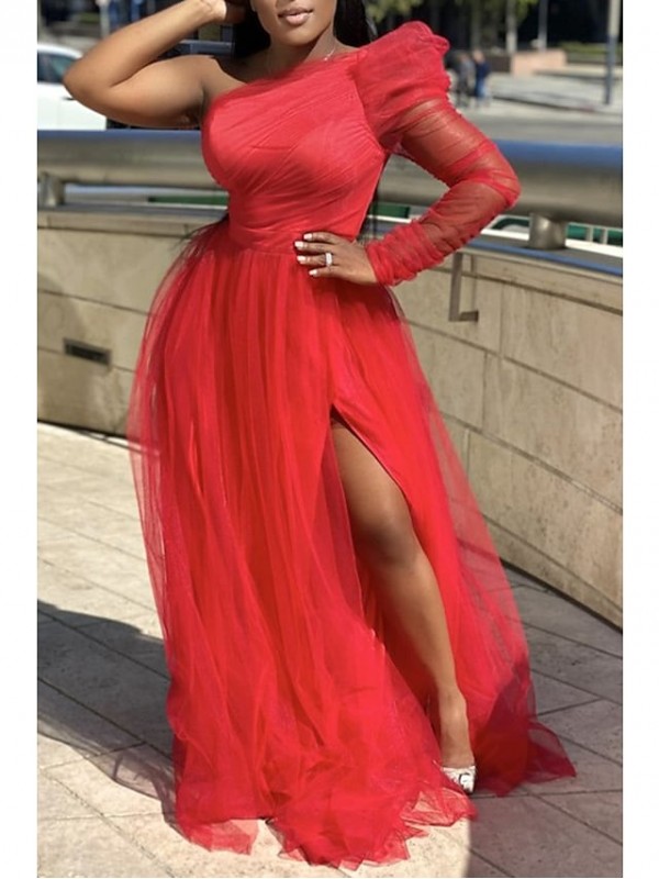 A-Line Plus Size Sexy Wedding Guest Formal Evening Dress One Shoulder Long Sleeve Sweep / Brush Train Tulle with Slit Pure Color 2022 #8984986