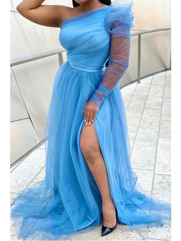 A-Line Plus Size Sexy Wedding Guest Formal Evening Dress One Shoulder Long Sleeve Sweep / Brush Train Tulle with Slit Pure Color 2022 #8984986