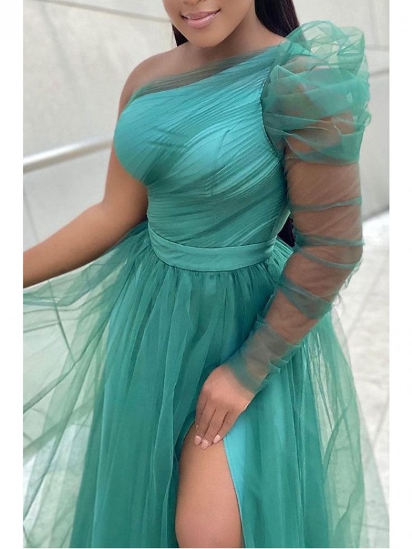 A-Line Plus Size Sexy Wedding Guest Formal Evening Dress One Shoulder Long Sleeve Sweep / Brush Train Tulle with Slit Pure Color 2022 #8984986