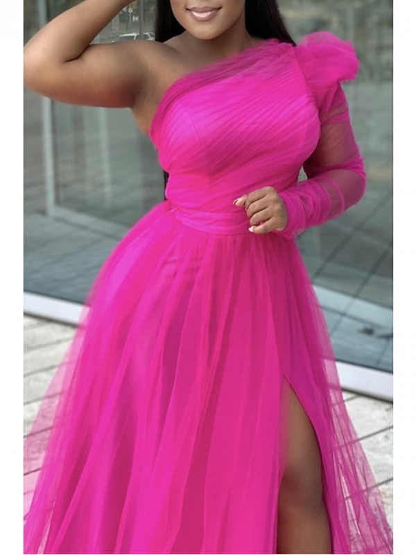 A-Line Plus Size Sexy Wedding Guest Formal Evening Dress One Shoulder Long Sleeve Sweep / Brush Train Tulle with Slit Pure Color 2022 #8984986