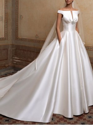 A-Line Wedding Dresses Off Shoulder Sweep / Brush Train Satin Short Sleeve Simple Elegant with Buttons Crystal Brooch 2022 #7883619