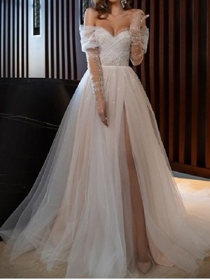 A-Line Wedding Dresses Off Shoulder Court Train Tulle Long Sleeve Beach Sexy with Pearls Split Front 2022 #9013308