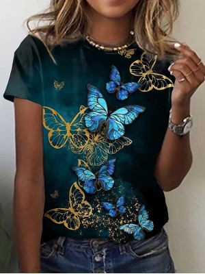 Women's Butterfly Painting T shirt Graphic Butterfly Print Round Neck Basic Vintage Tops Black / 3D Print #8557630