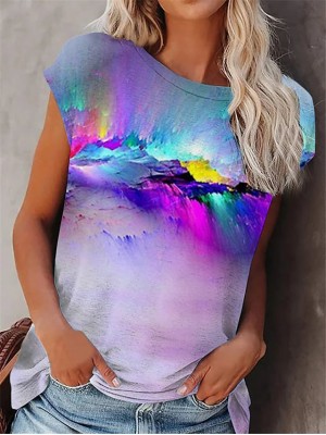 Women's T shirt Color Gradient Patchwork Print Round Neck Basic Tops Rainbow / 3D Print #8997761