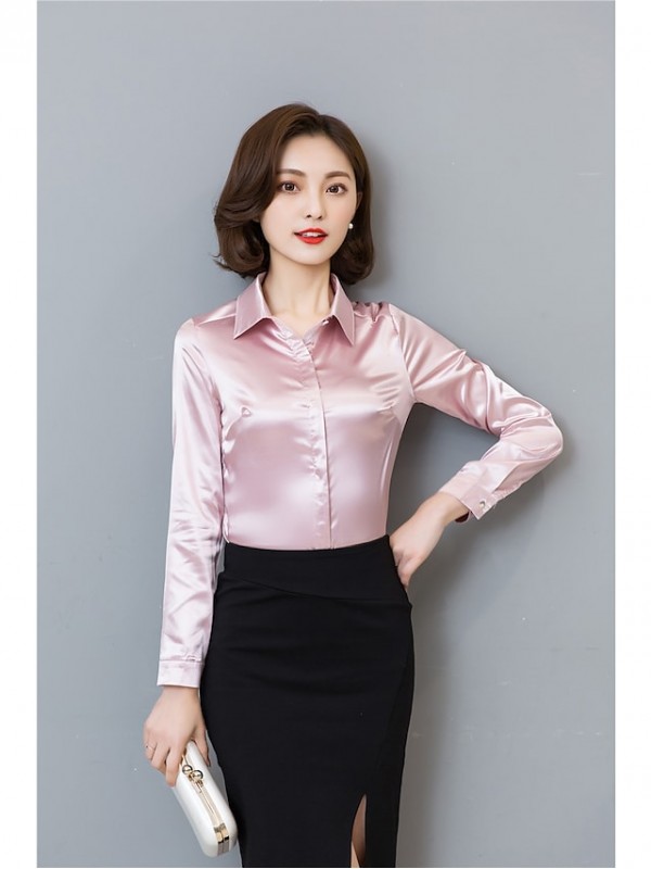 Women Silk Feel Long Sleeve T Shirt Button Down Satin Blouse Champagne M #8494613