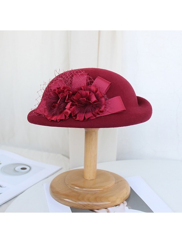 Women's Party Hat Party Wedding Special Occasion Flower Flower Wine Black Hat Red Fall Winter Spring Holiday #8793795