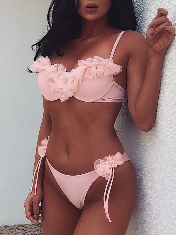 Women's Swimwear Bikini 2 Piece Swimsuit Ruched Ruffle Push Up Solid Color Black Gray Pink Rose Red Beige Strap Bathing Suits New Vacation Fashion / Sexy / Sweet #8931571