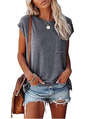 women's casual cap sleeve shirts summer loose solid color basic tee tops with pocket dark gray #8598639