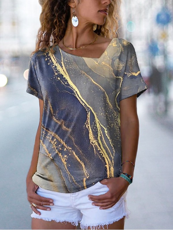 Women's Abstract Painting T shirt Graphic Print V Neck Basic Tops Yellow / 3D Print #9010032