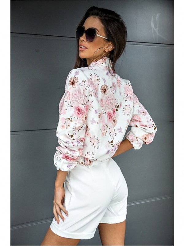 Women's Blazer Daily Work Spring, Fall, Winter, Summer Short Coat Peaked Lapel Regular Fit Breathable Elegant Jacket Long Sleeve Floral Geometric Print Black And White White flower Black Flowers #8749296